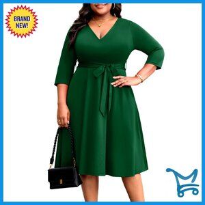 Plus Size Midi Dress Elegant V Neck 3/4 Sleeve A Line with Pockets Wedding Guest